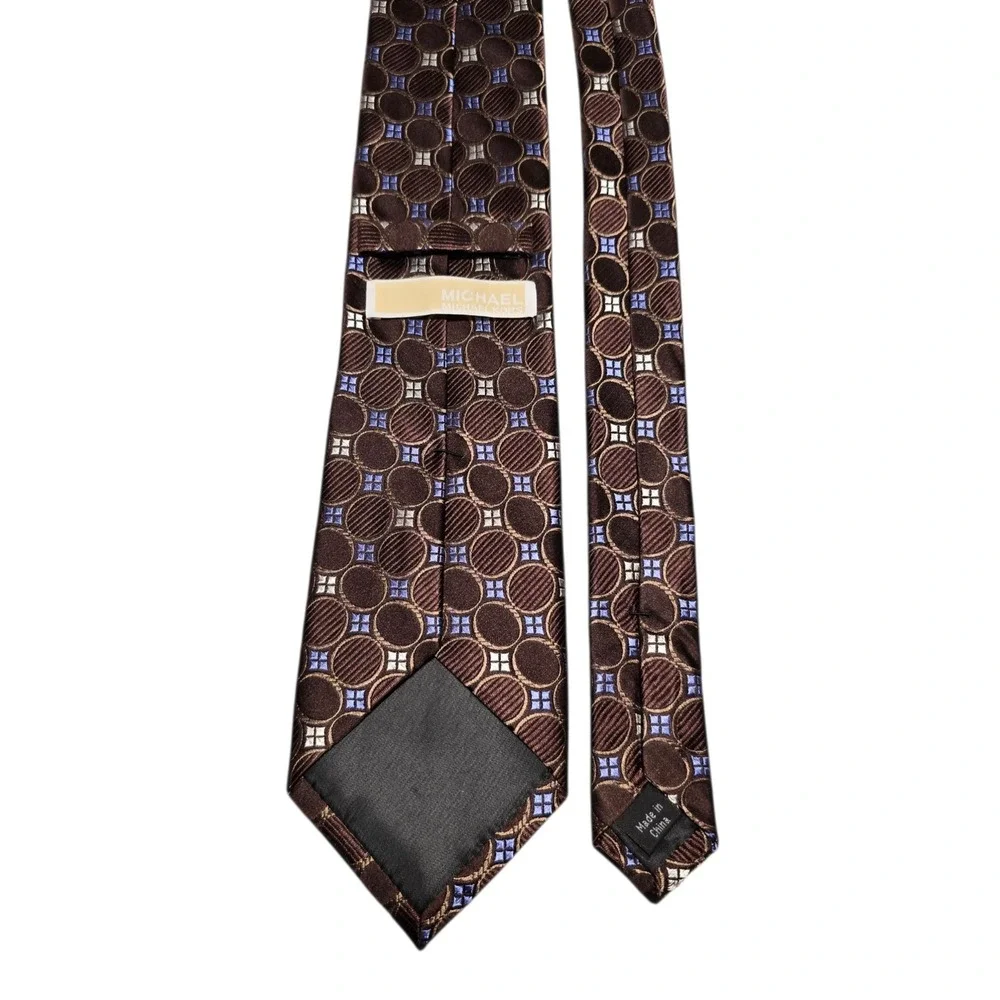 Michael Kors Silk Luxury Tie Black Blue Tan Brown Geometric Circles Men‎ Necktie